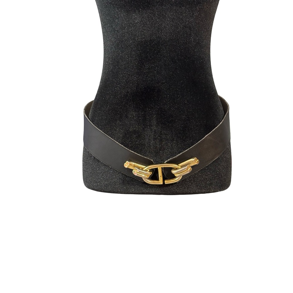 Christian Dior Vintage Black Leather Wide Waist Belt Gold Buckle Size M/L 732